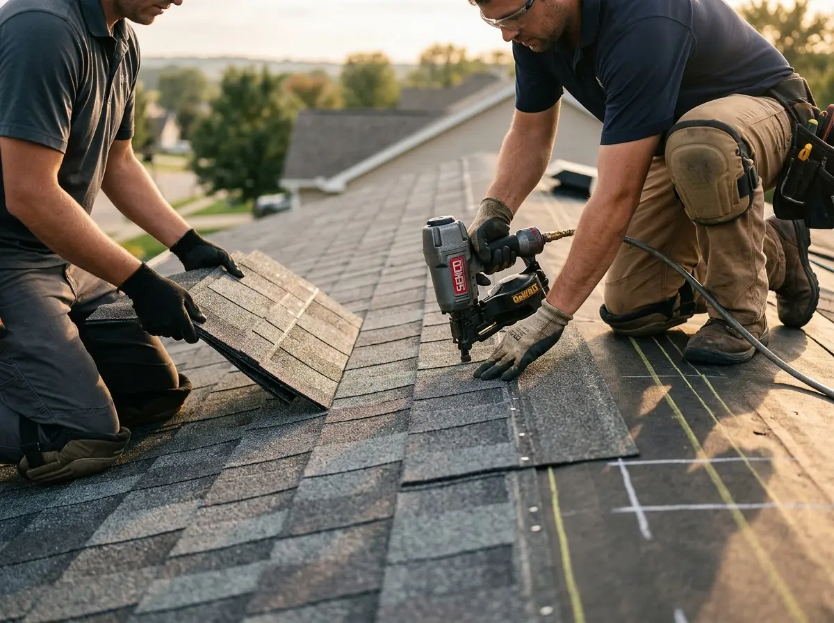 Professional roofer working on a residential roof in Mooresville